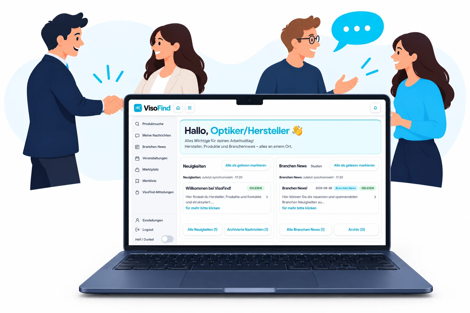 Optiker und Hersteller geben sich die Hand, im Vordergrund ein Laptop mit der VisoFind-Startseite
