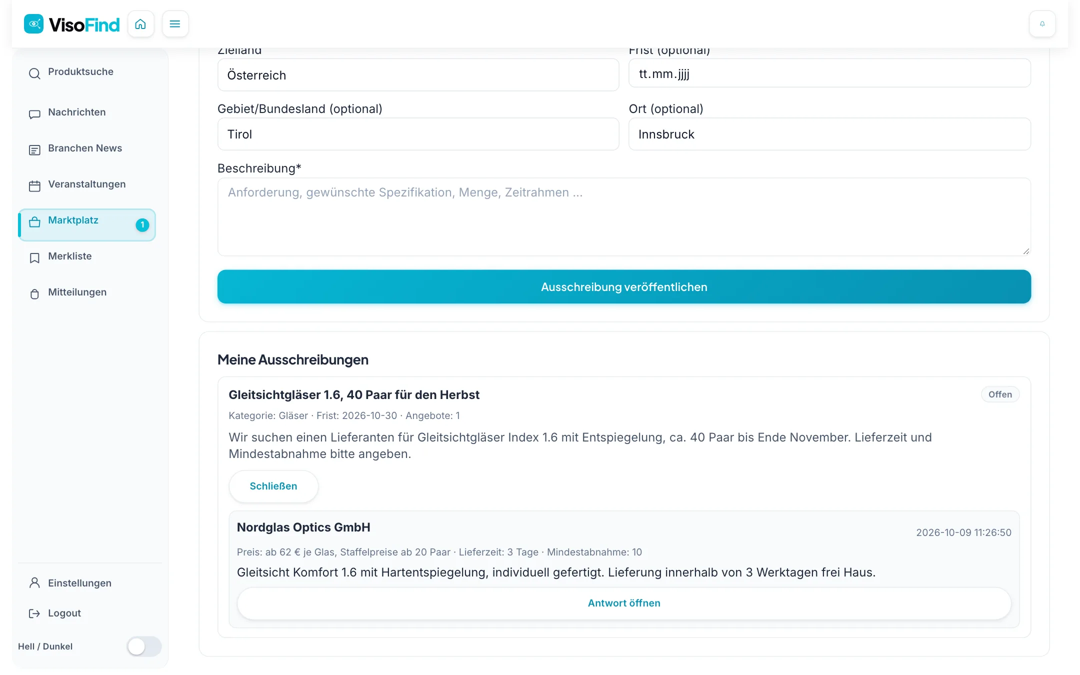 Ausschreibung mit eingegangenem Angebot