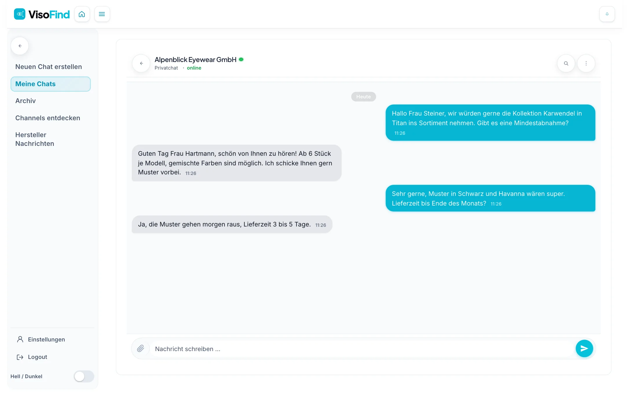 Chat zwischen Optikerin und Hersteller
